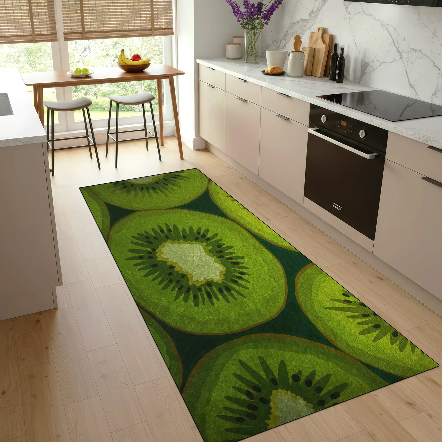 Vibrant kiwi fruit kitchen rug with tropical green design