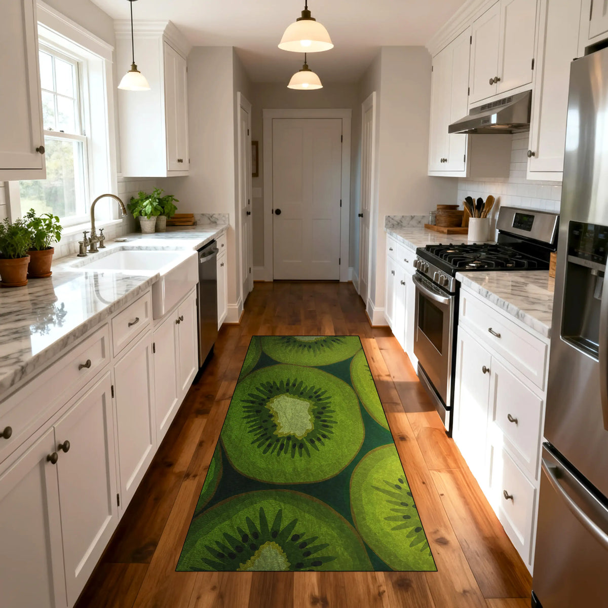 Washable non-slip kiwi rug for modern kitchen décor