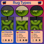 Diagram of rug types with kiwi pattern labels on a colorful background

