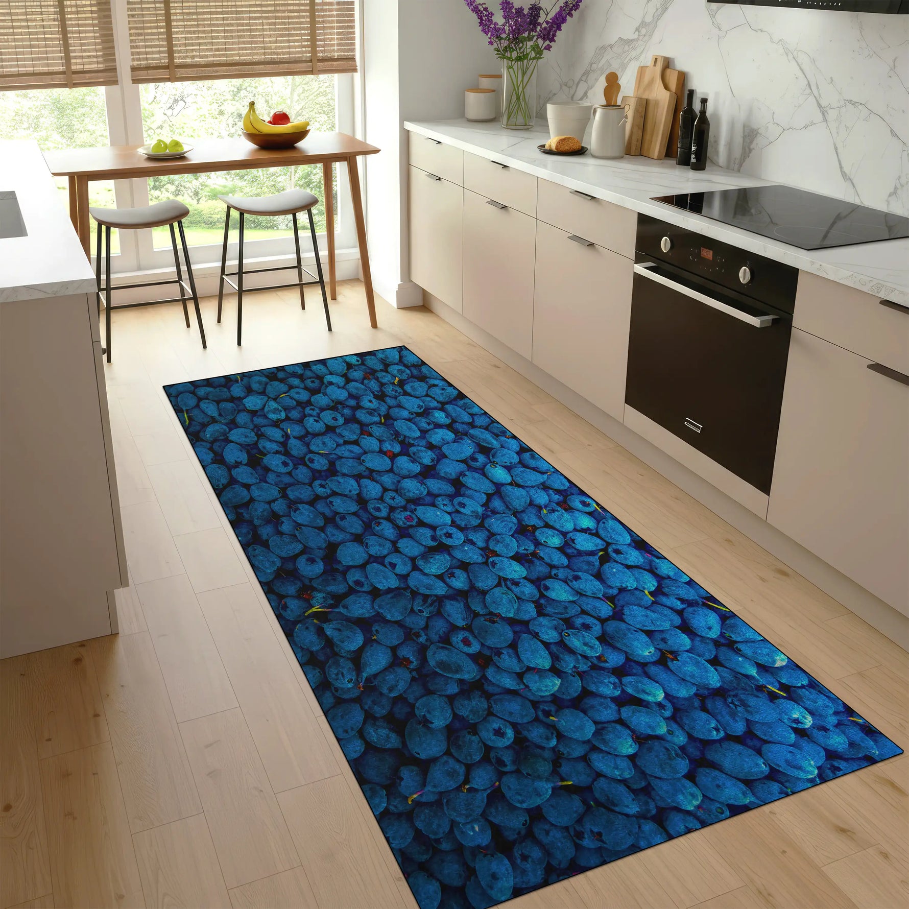 Blueberry themed kitchen rug with vibrant blue pattern