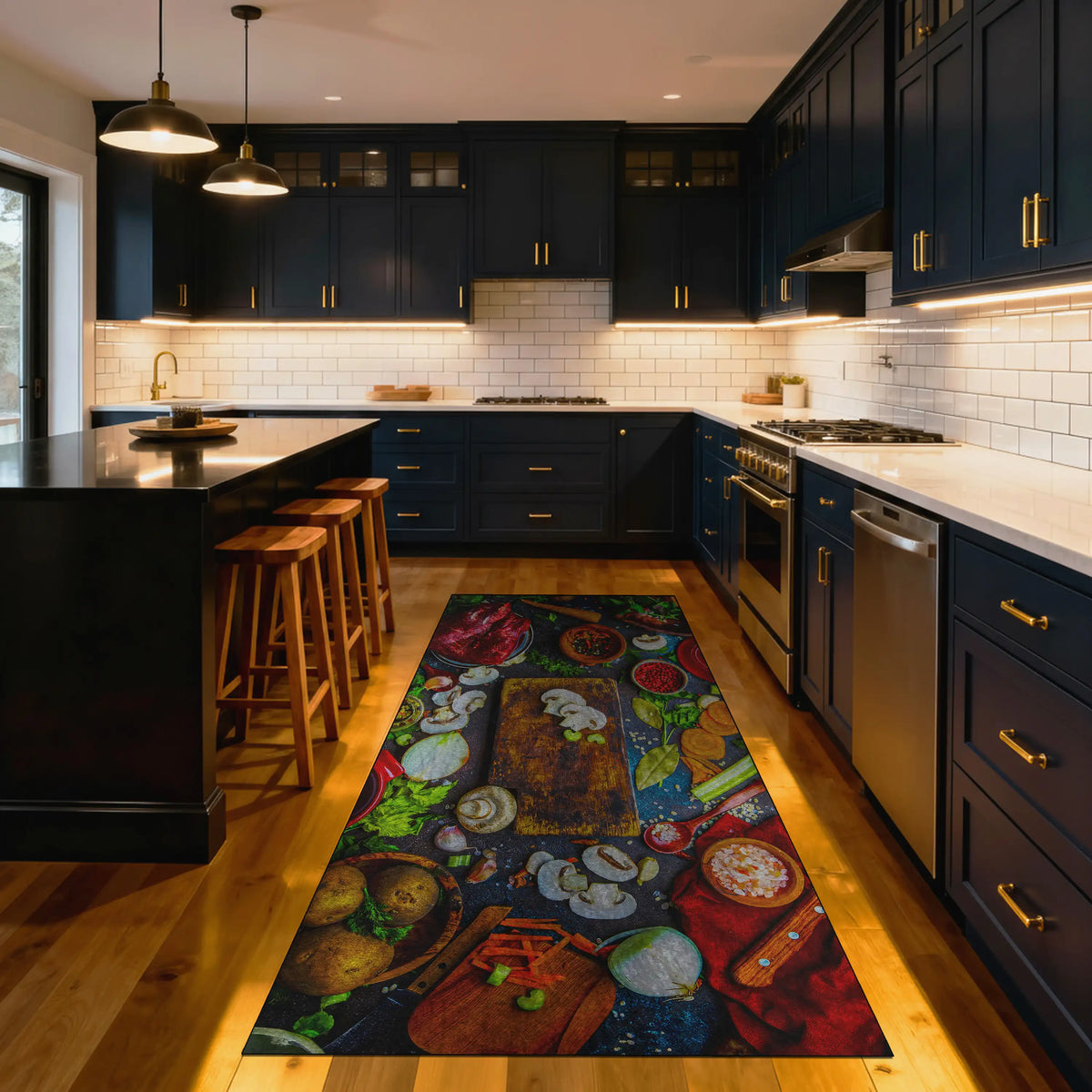 Colorful culinary rug featuring vegetables and kitchen essentials