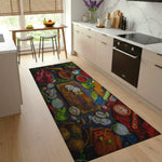 Rustic kitchen rug with vegetables and cooking ingredients