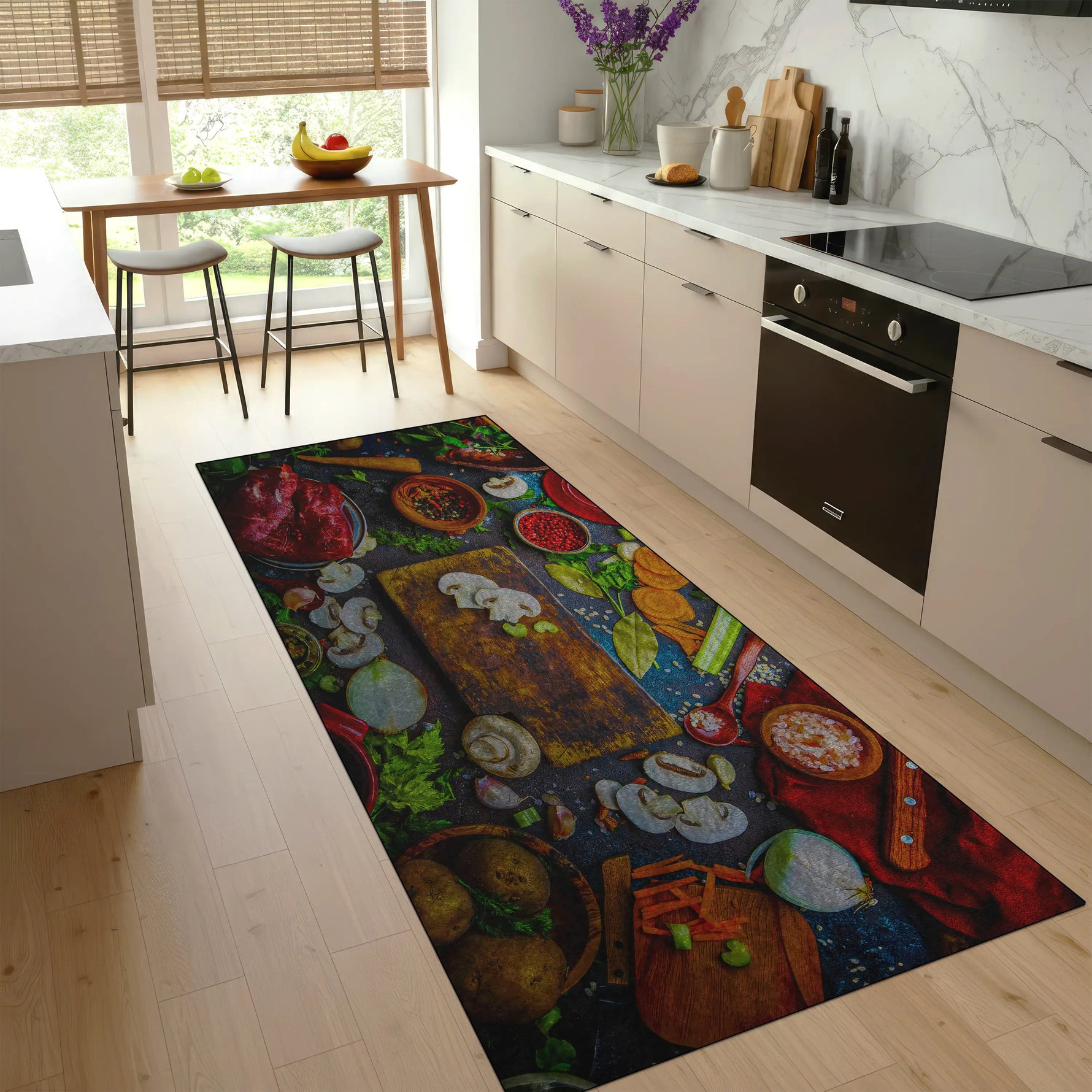 Rustic kitchen rug with vegetables and cooking ingredients