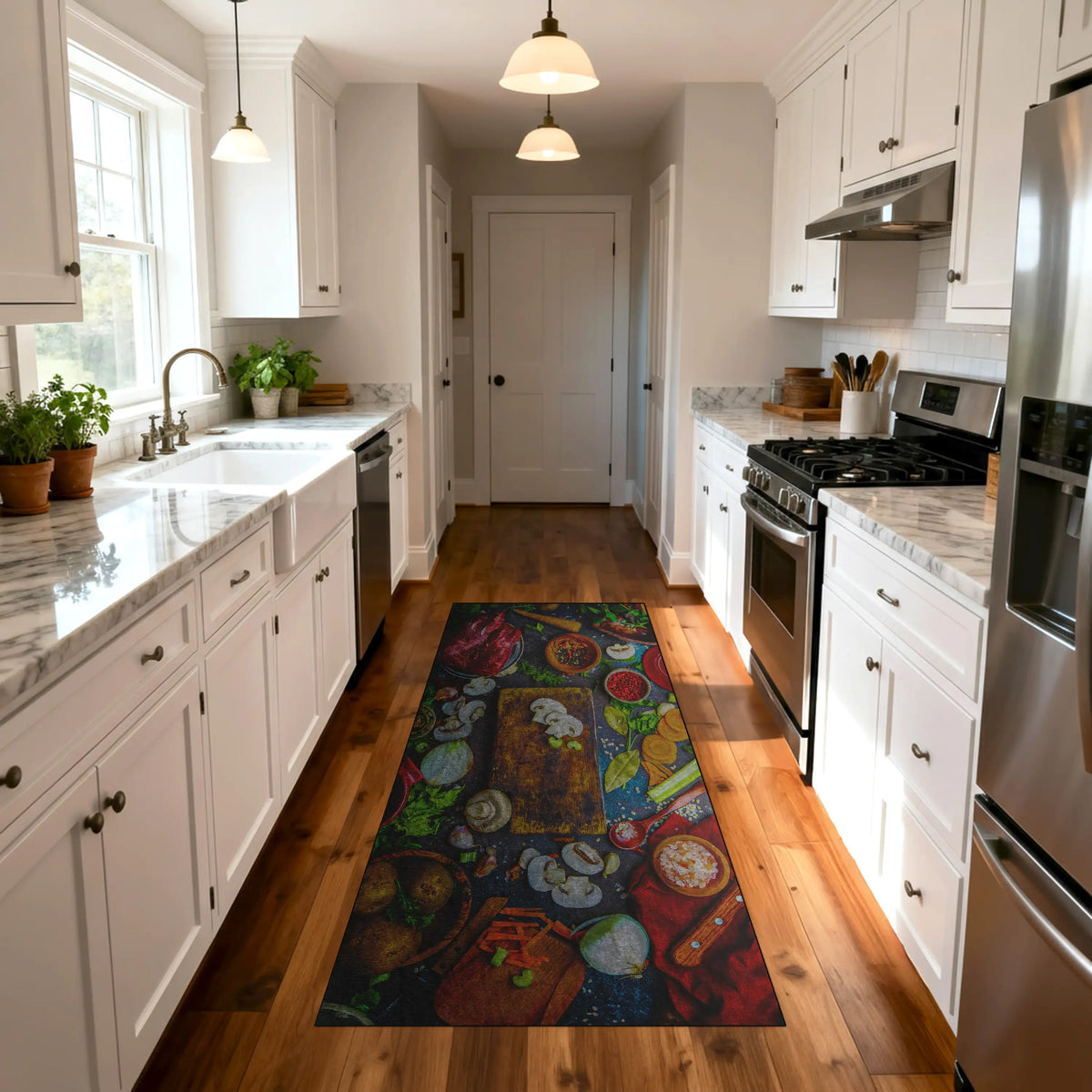 Washable non-slip chef runner rug with food and spice design