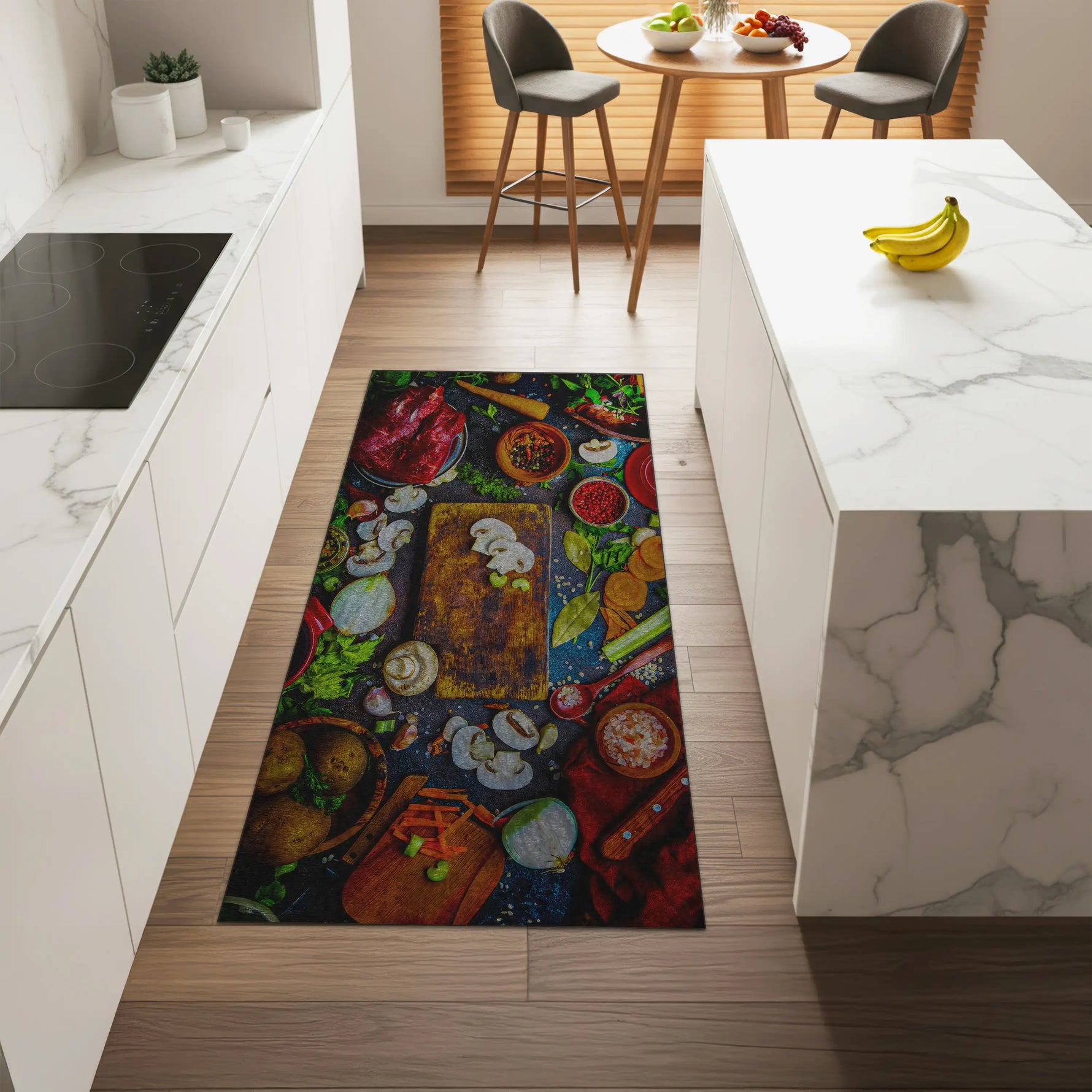 Farmhouse-style kitchen rug with rustic chopping board pattern