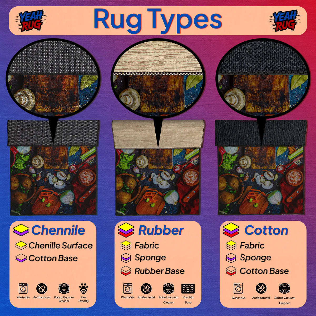 Robot vacuum friendly washable kitchen rug for cooking lovers