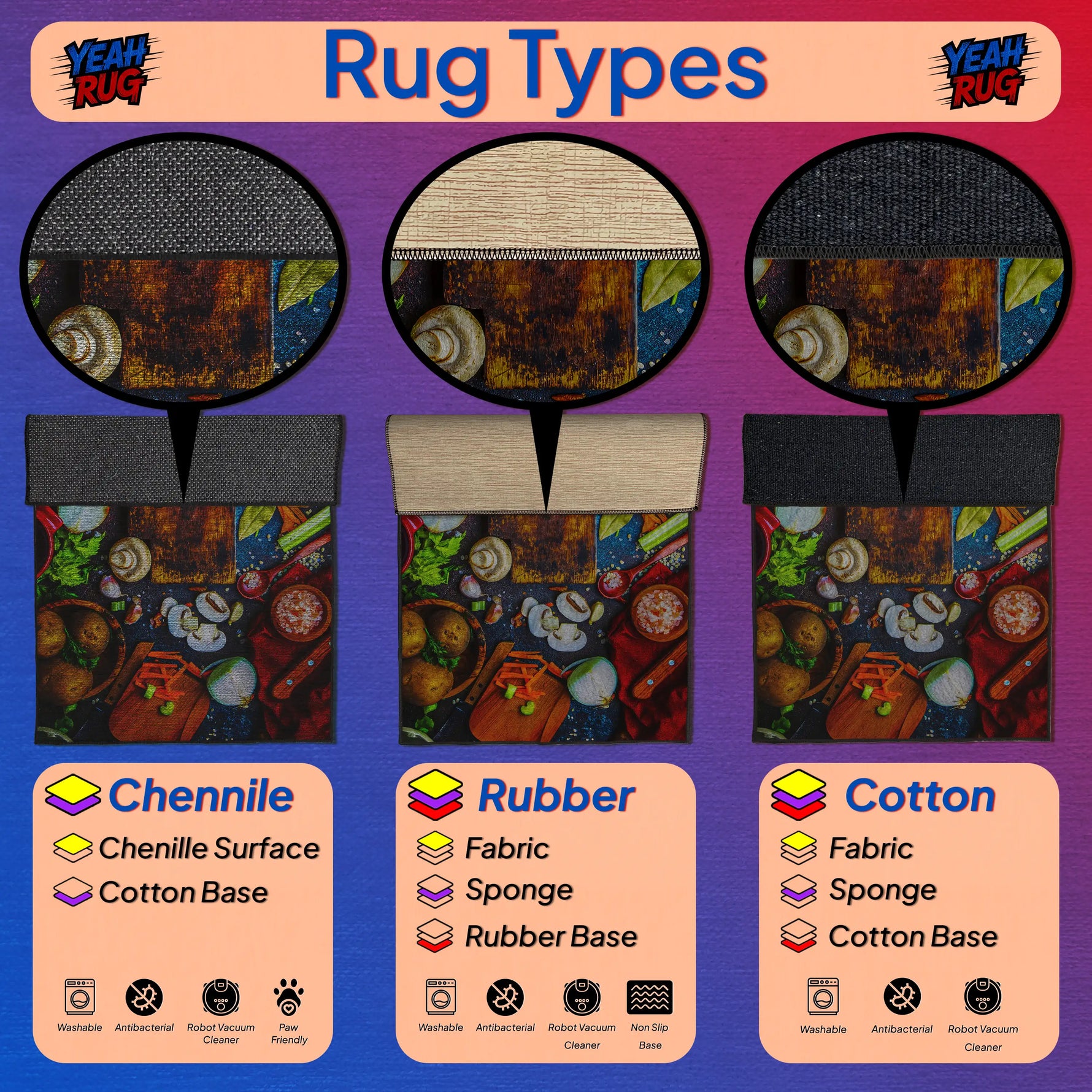 Robot vacuum friendly washable kitchen rug for cooking lovers