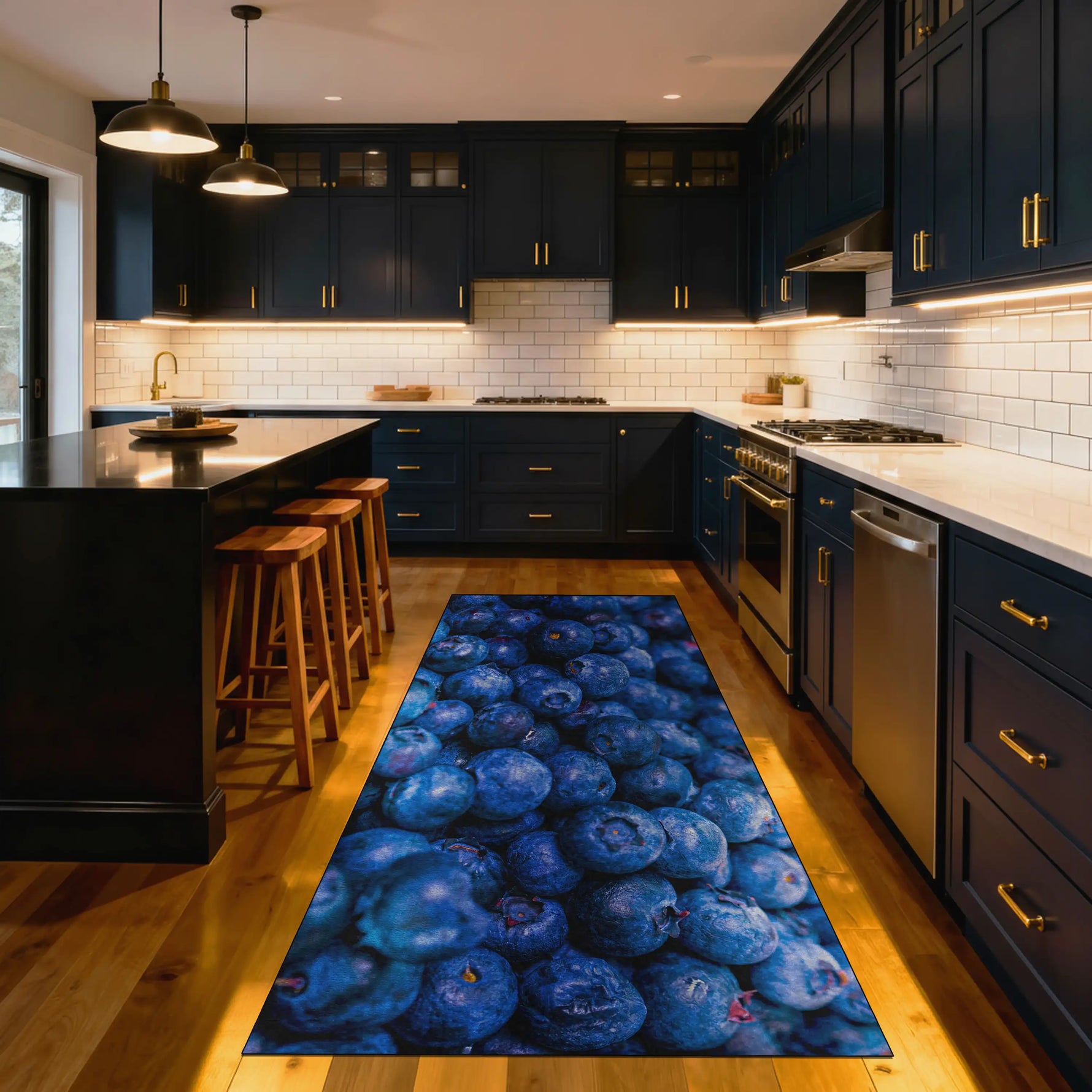 Blueberry kitchen rug with deep blue fruit pattern