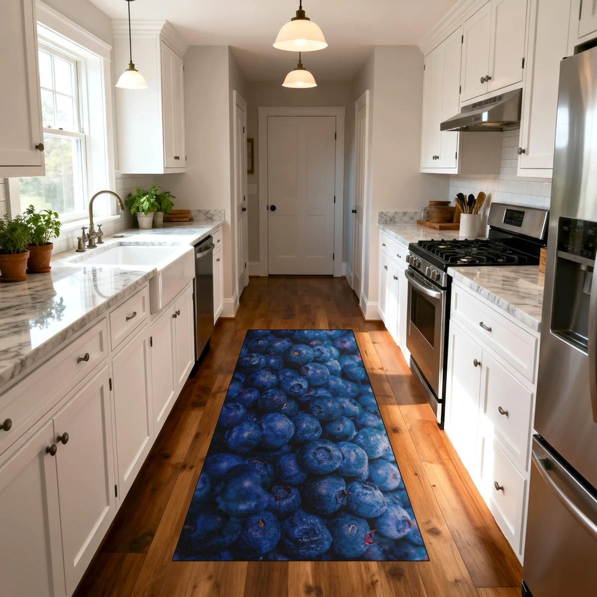Fruit-inspired kitchen runner with realistic blueberry design