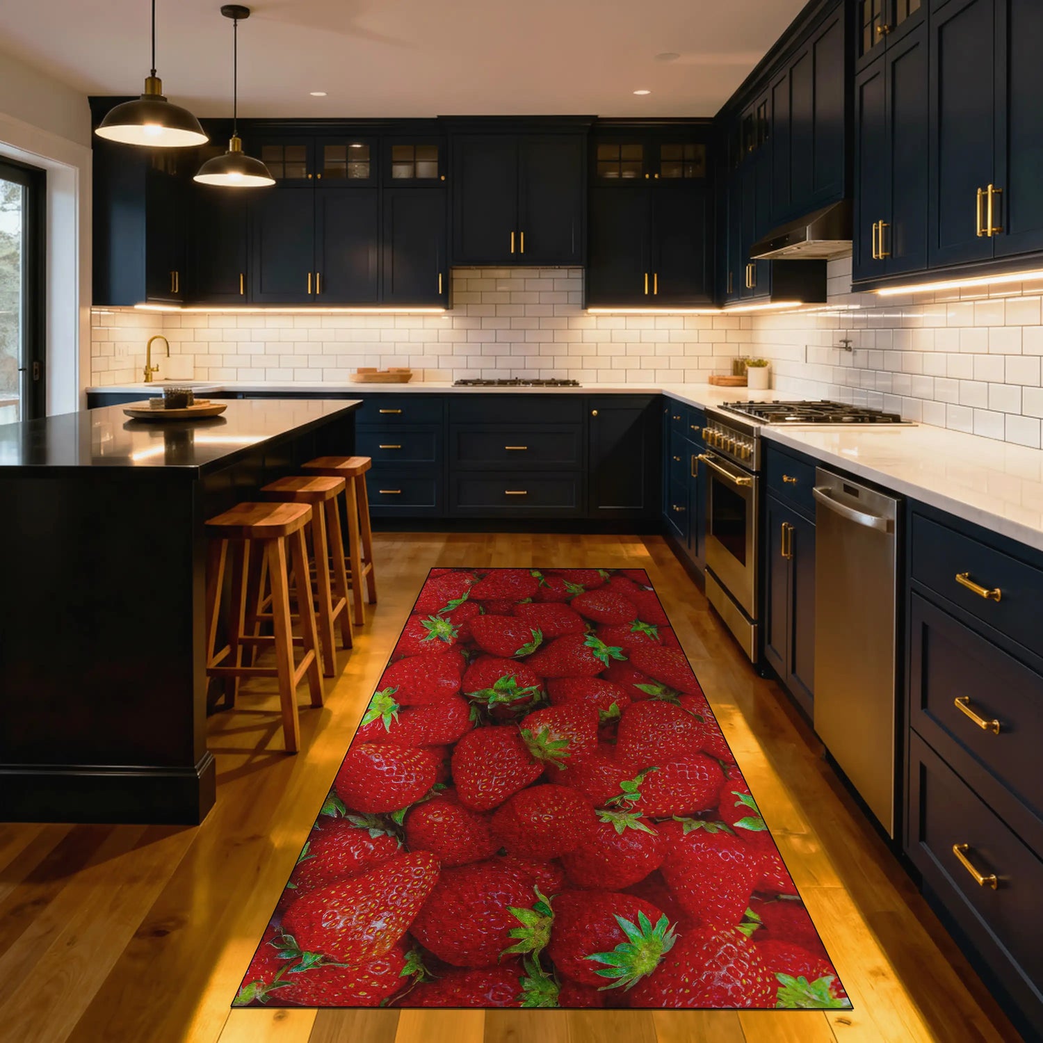 Strawberry kitchen rug with realistic fruit pattern