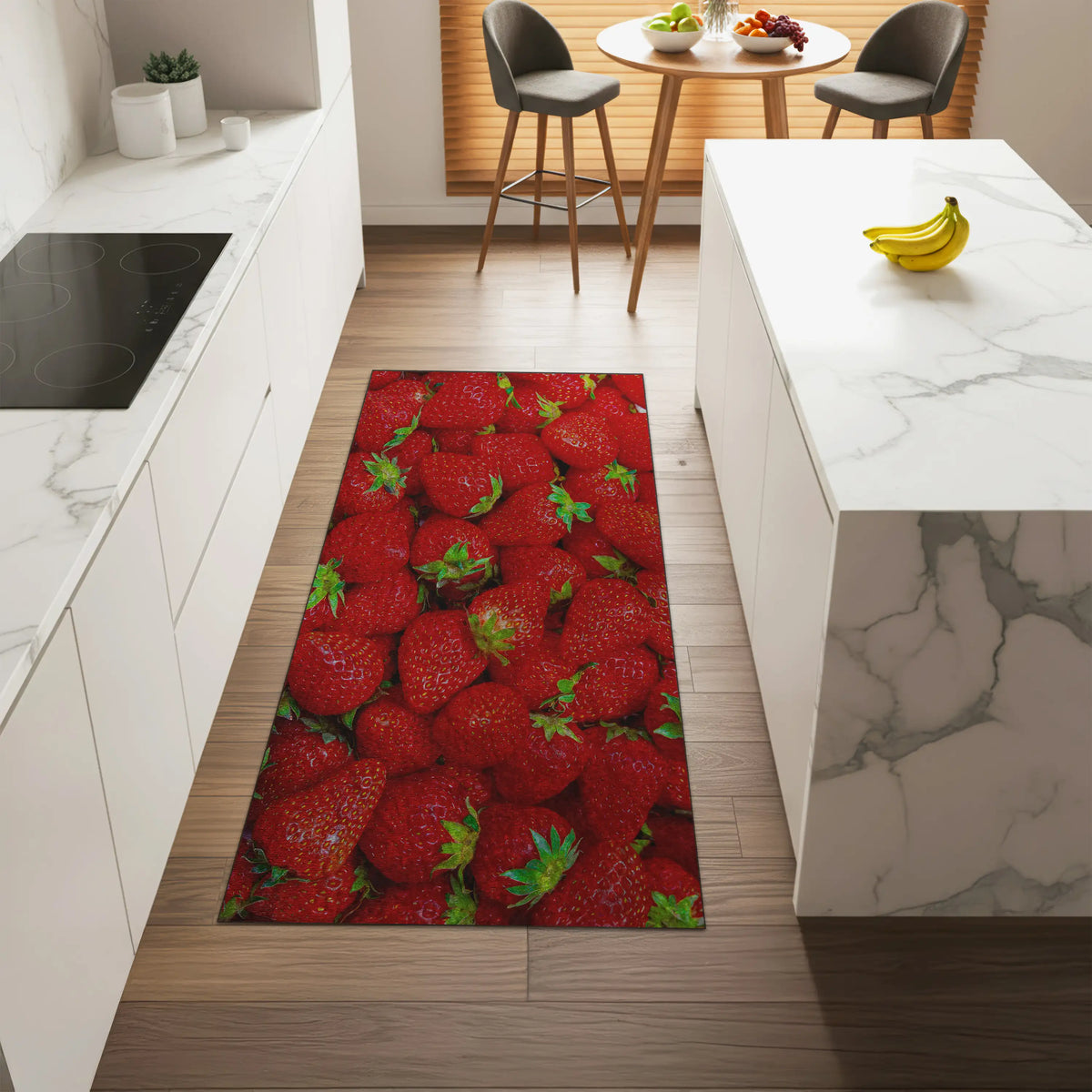 Machine washable strawberry rug for modern kitchens