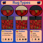 Comparison chart of rug types with strawberry pattern on a purple background