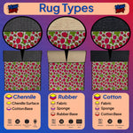 Illustration of rug types with Chenille, Rubber, and Cotton materials on a purple background.