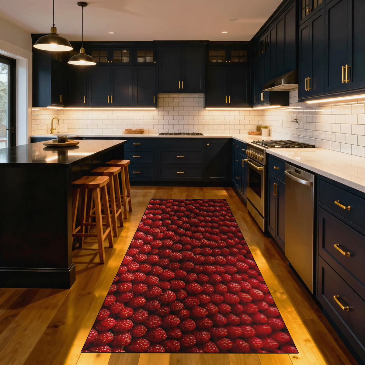 Modern kitchen with dark cabinets, white countertops, and a red patterned rug on the floor.