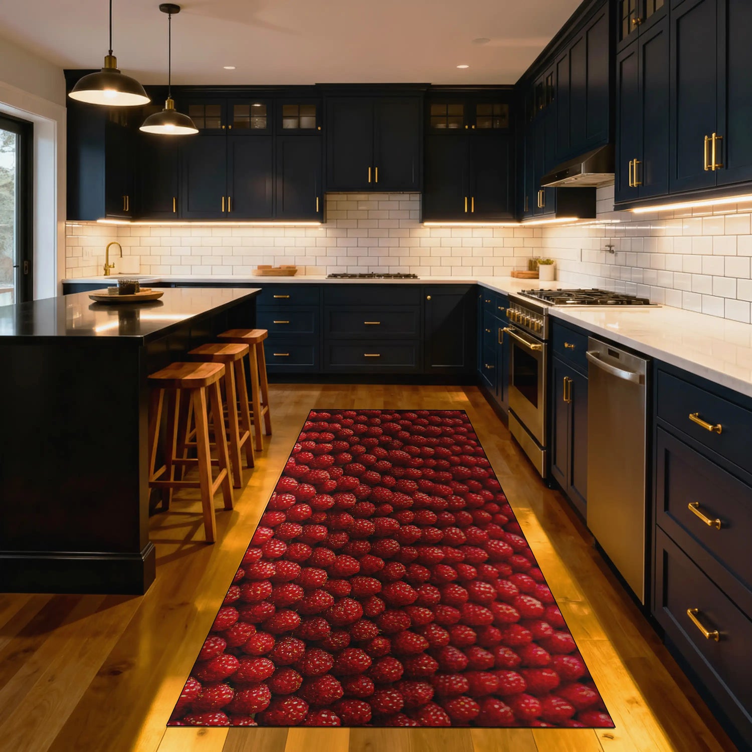 Modern kitchen with dark cabinets, white countertops, and a red patterned rug on the floor.