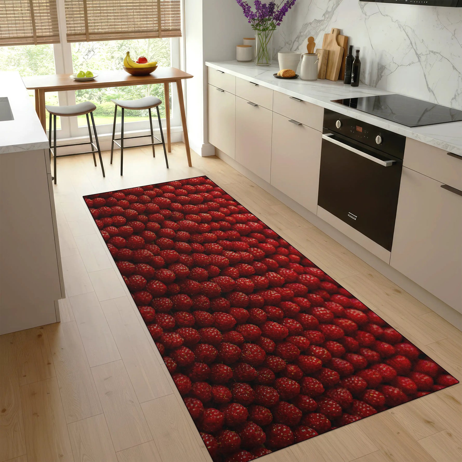 Red patterned rug on a wooden floor in a modern kitchen.