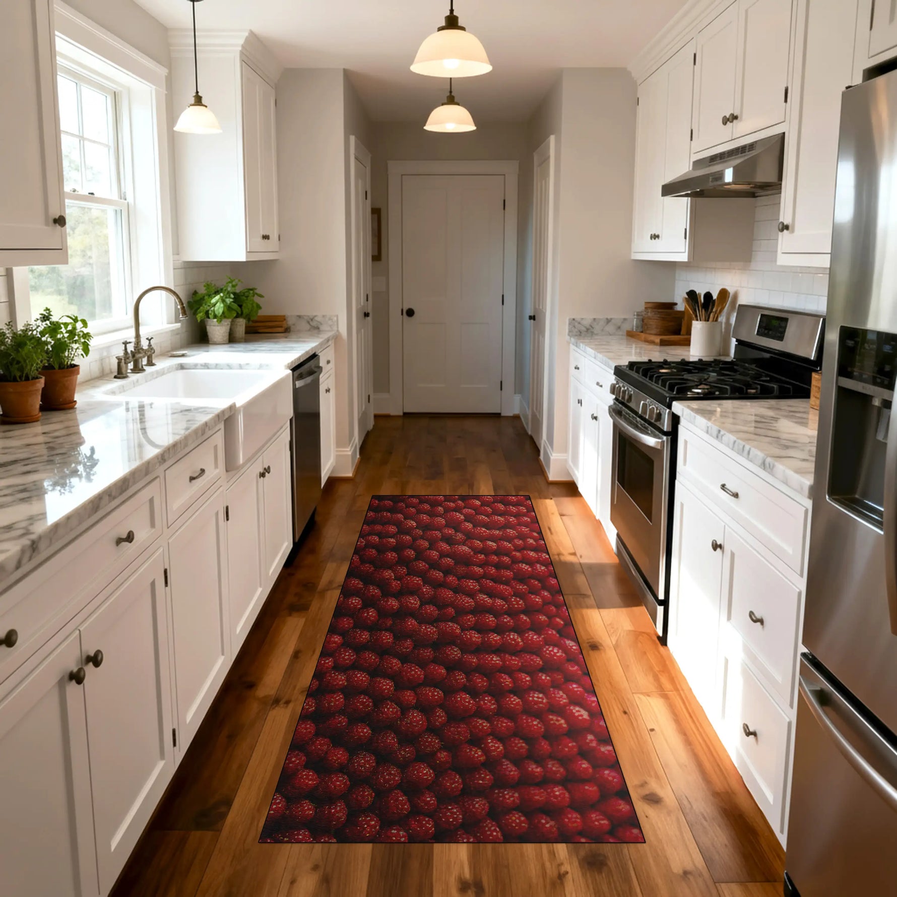 Modern kitchen with a red patterned rug on wooden flooring