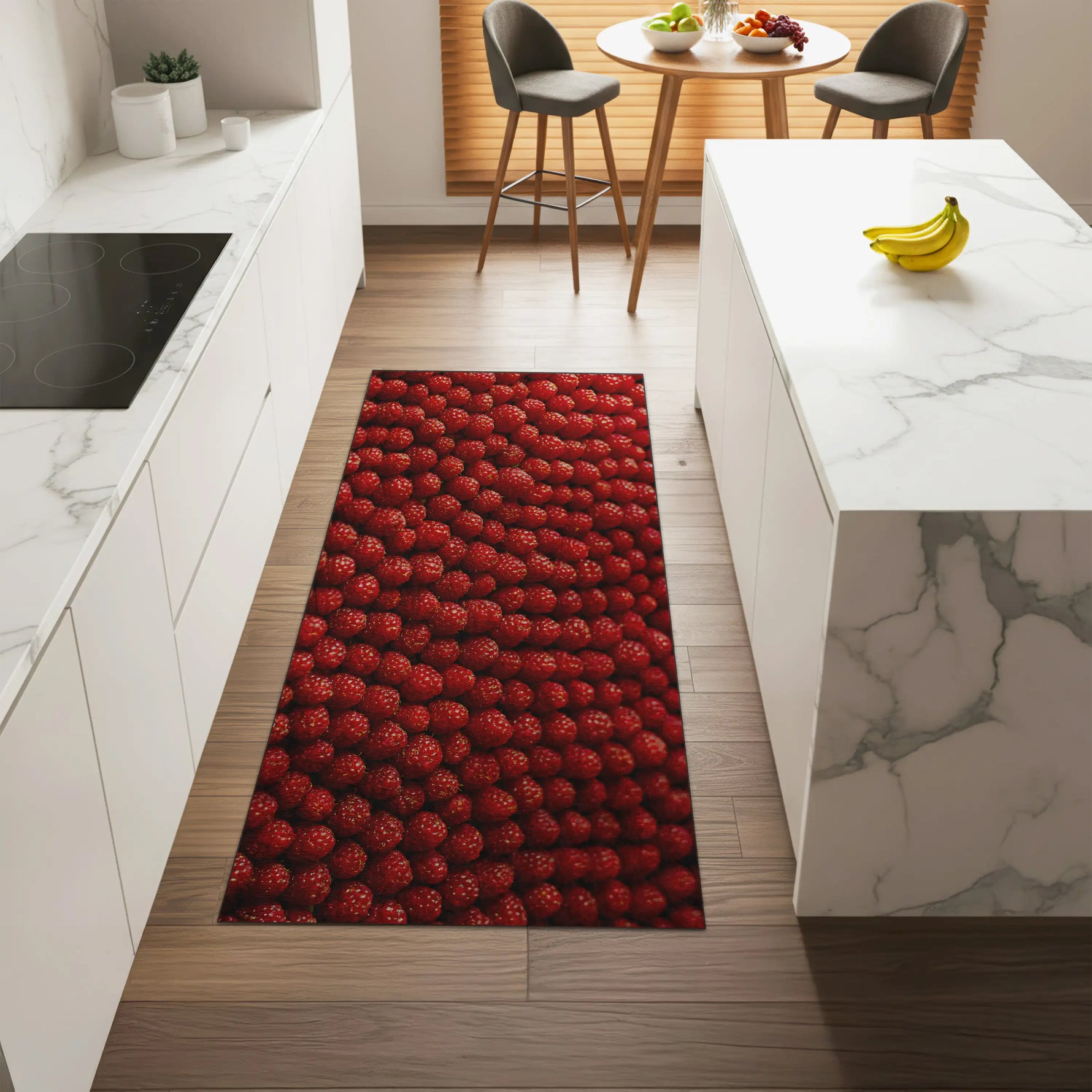 Red patterned rug on a wooden floor in a modern kitchen.