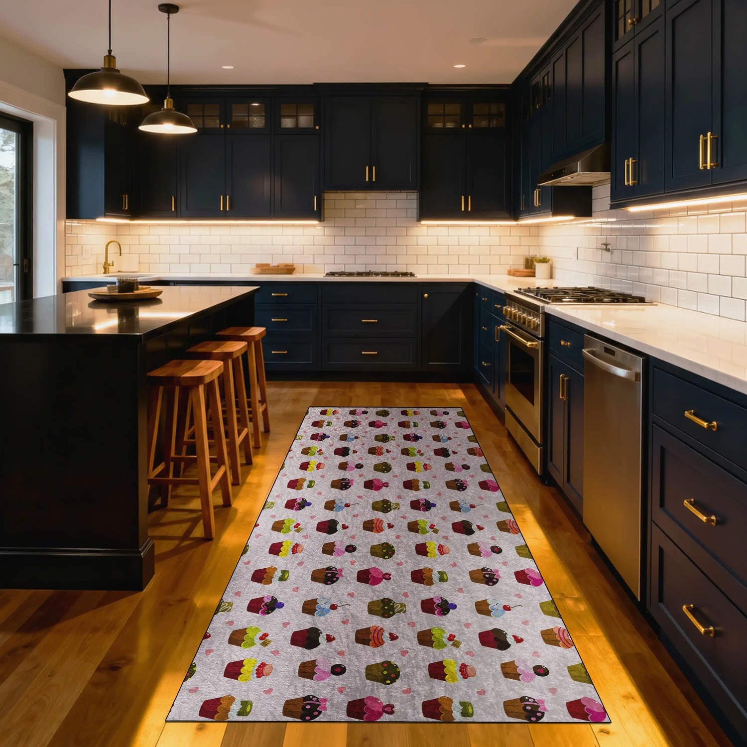 Modern kitchen with dark cabinets, a rug with colorful patterns on the floor, and wooden stools.