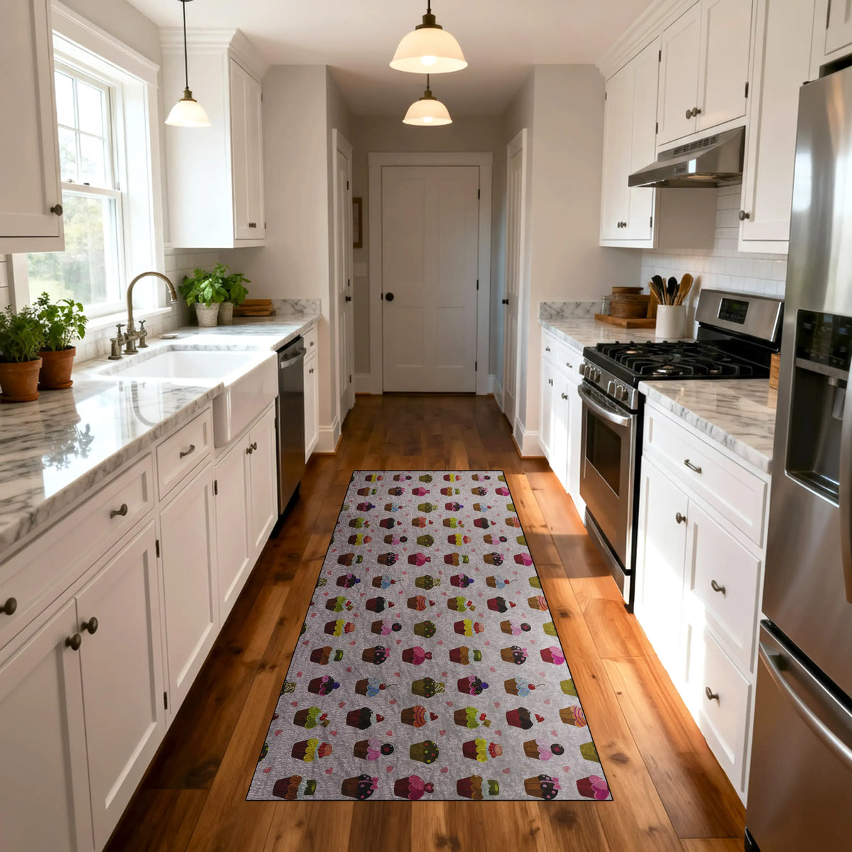 Modern kitchen with a patterned rug on wooden flooring