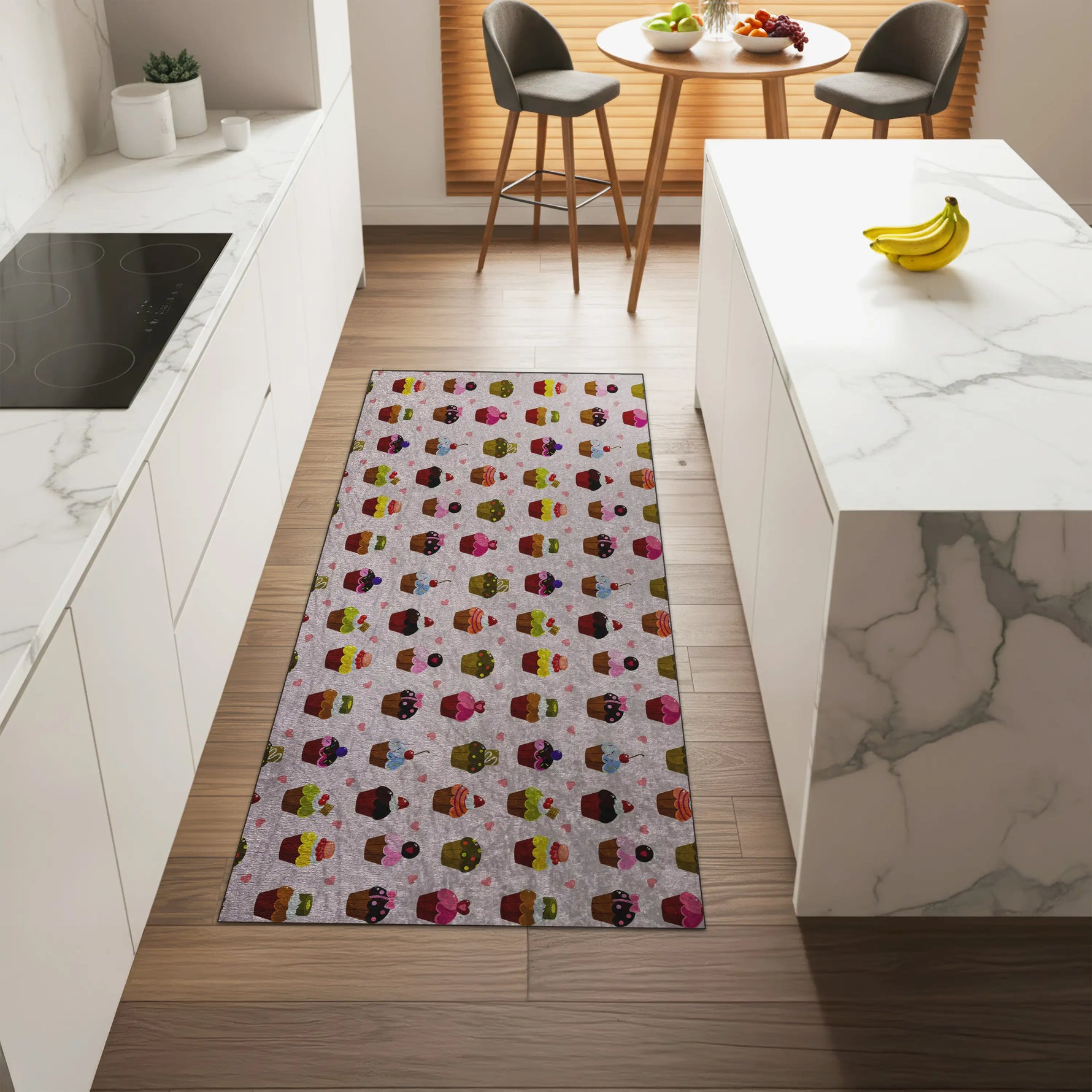 Colorful patterned rug on a wooden floor in a modern kitchen.