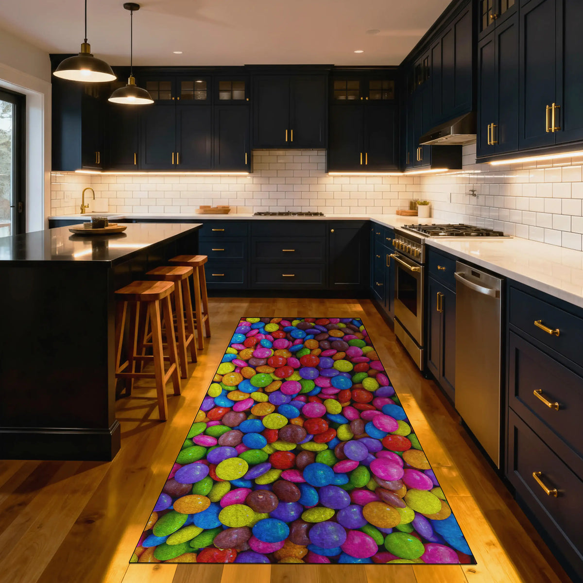 Colorful candy kitchen rug with bright rainbow design