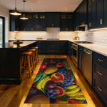 Washable non-slip rug with fruit design placed in stylish kitchen interior