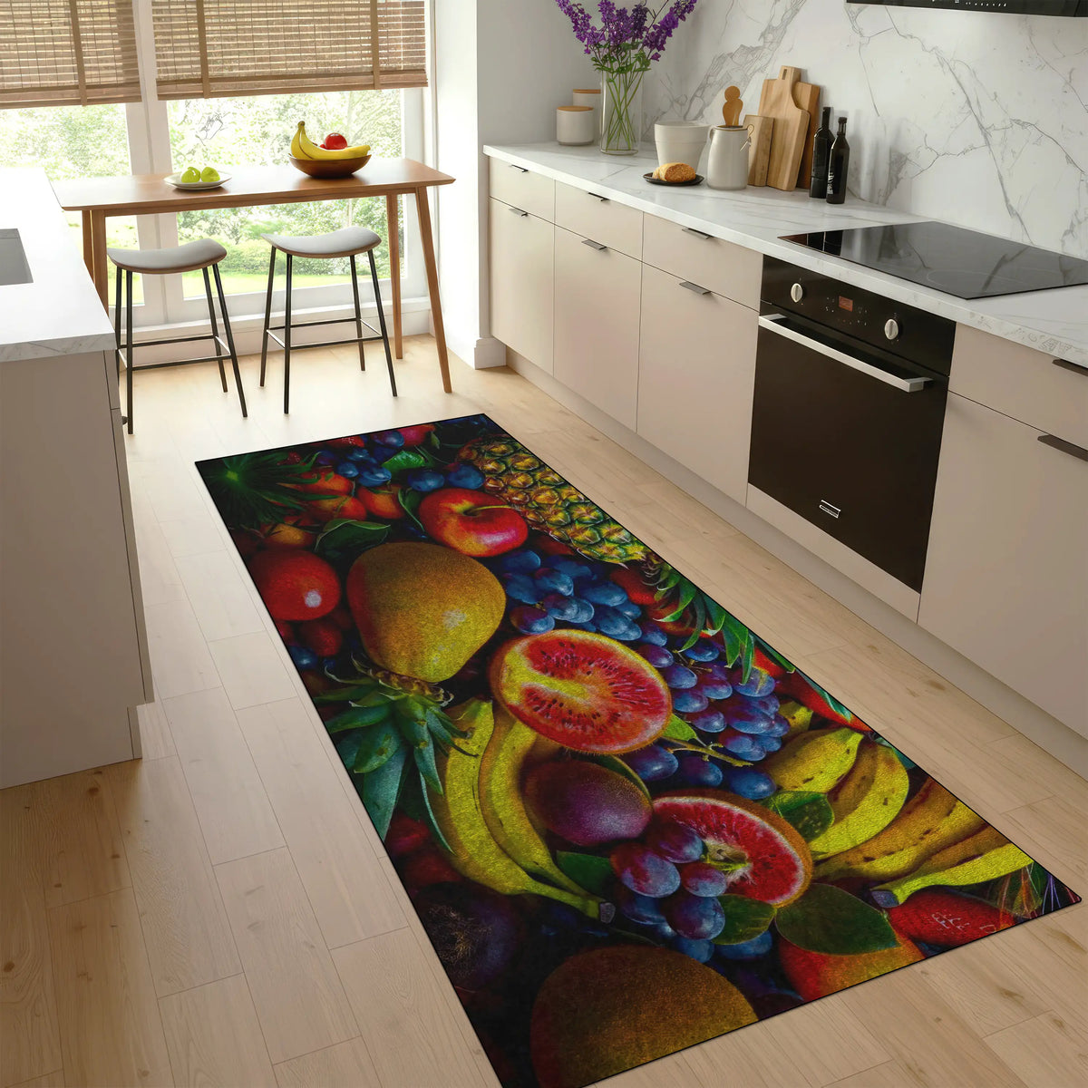 Modern kitchen with colorful fruit-pattern rug on wooden floor