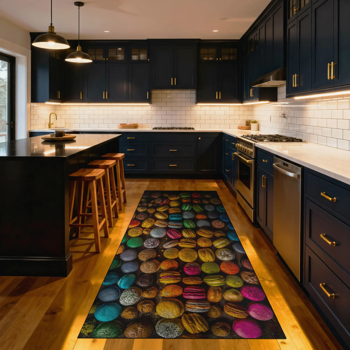 Modern kitchen with colorful macaron-pattern rug on hardwood floor