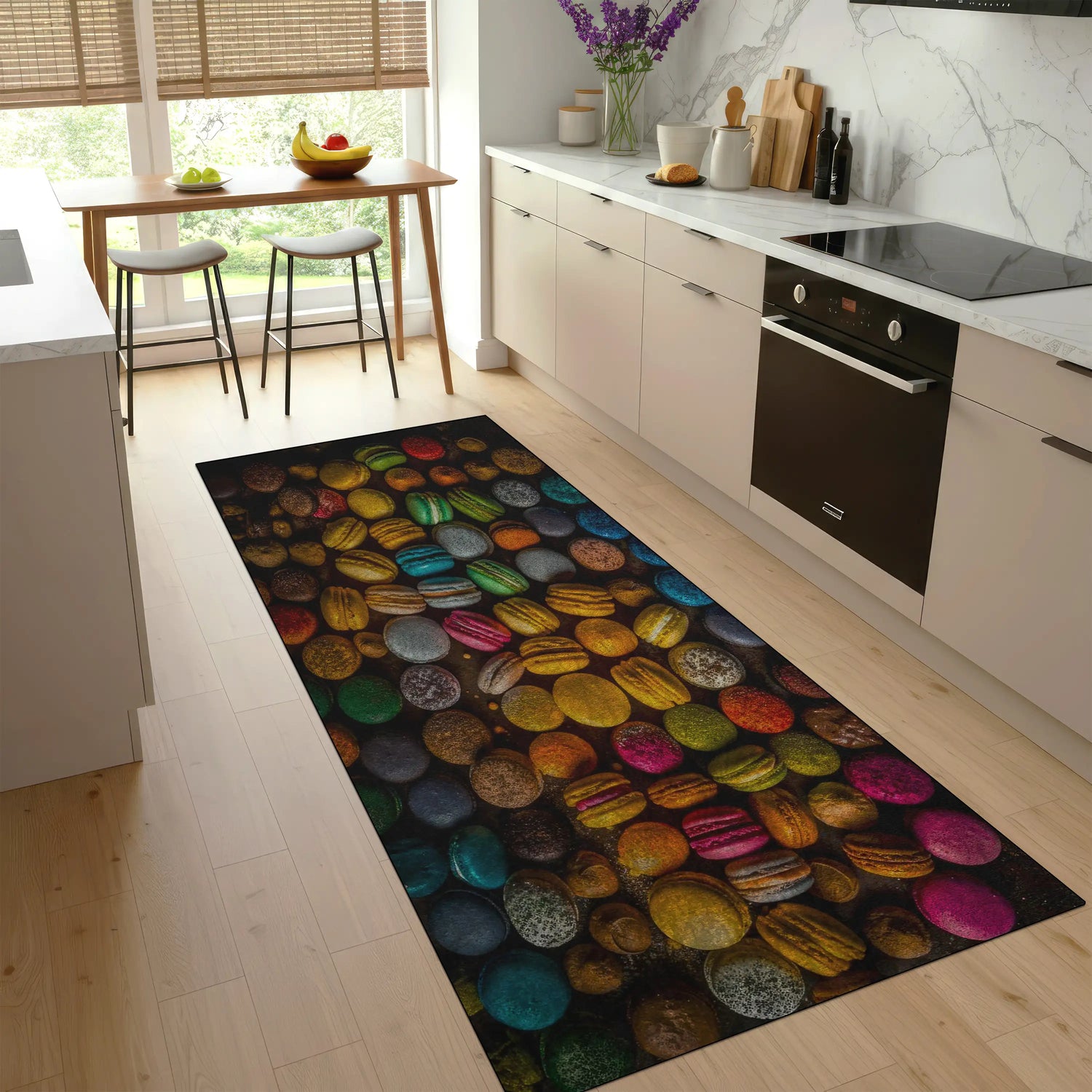 Colorful macaron pattern rug in a modern kitchen