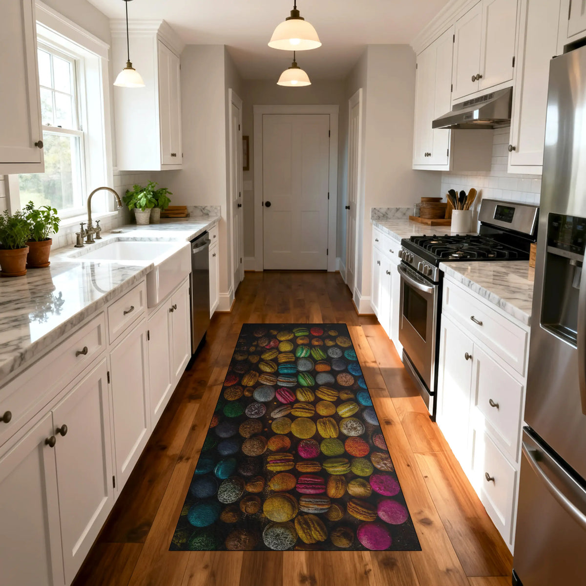 Colorful kitchen rug on a wooden floor with white cabinets and stainless steel appliances.
