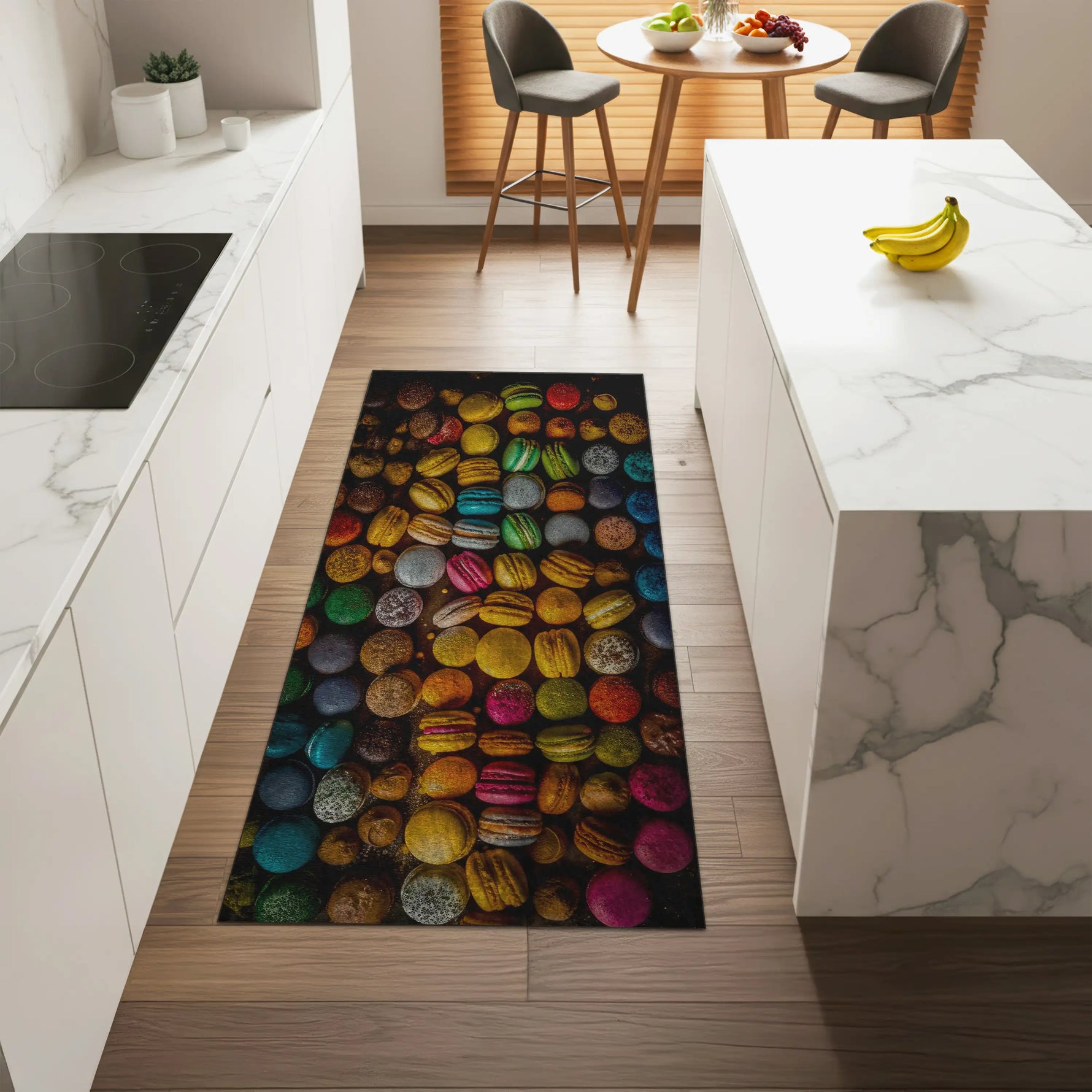 Colorful macaron pattern rug on a wooden floor in a modern kitchen.