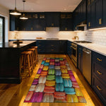 Modern kitchen with colorful macaron-pattern rug on hardwood floor