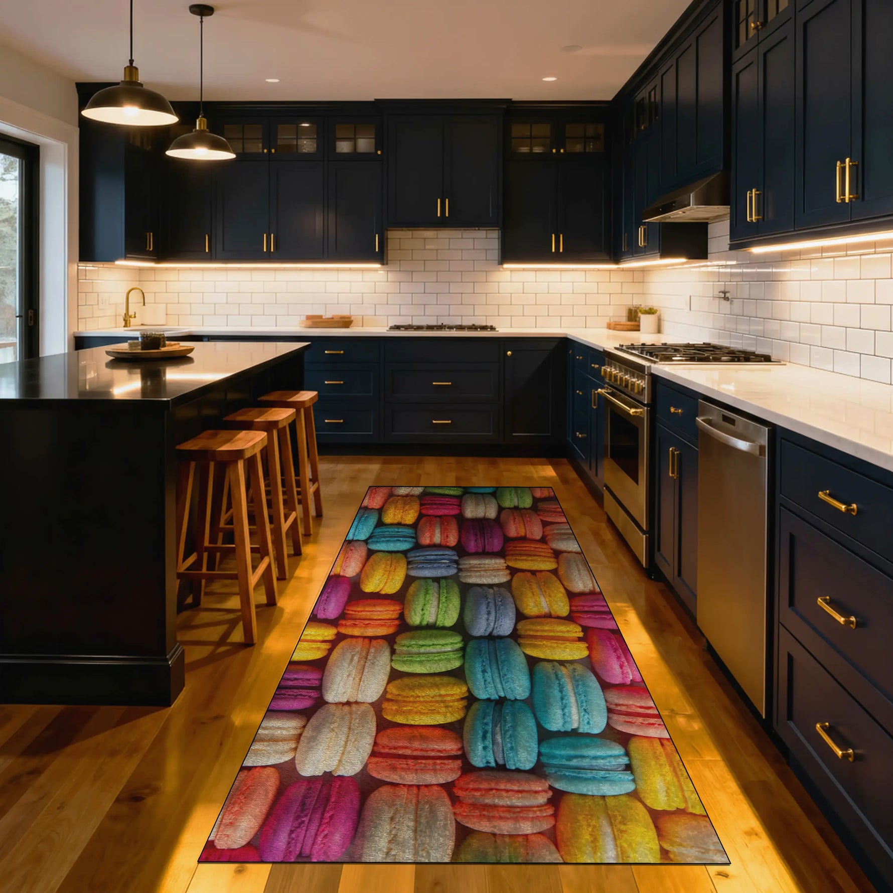 Modern kitchen with colorful macaron-pattern rug on hardwood floor