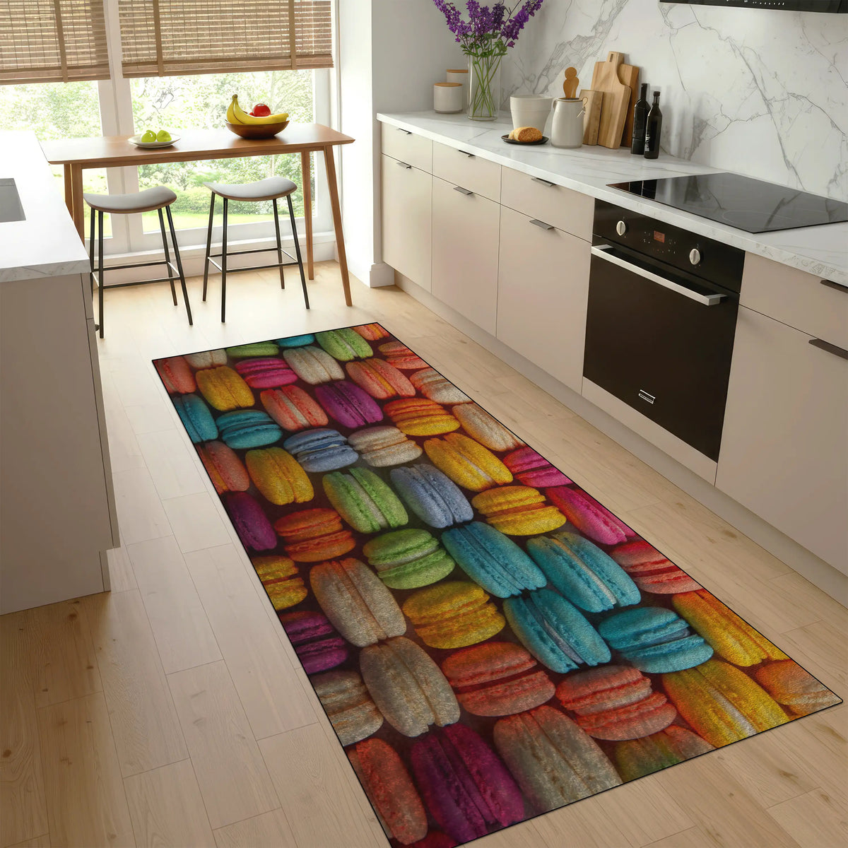 Washable non-slip macaron rug placed in bright contemporary kitchen