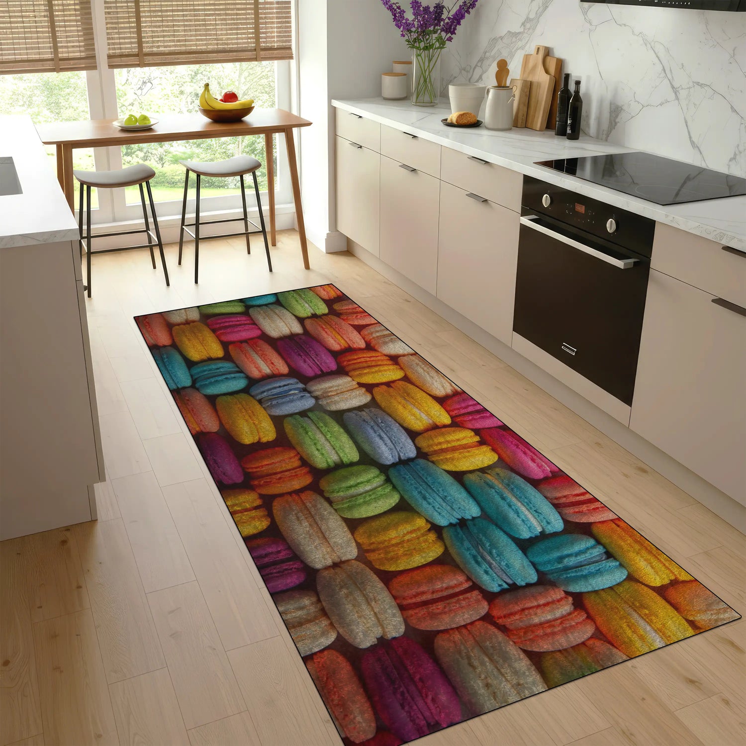 Washable non-slip macaron rug placed in bright contemporary kitchen