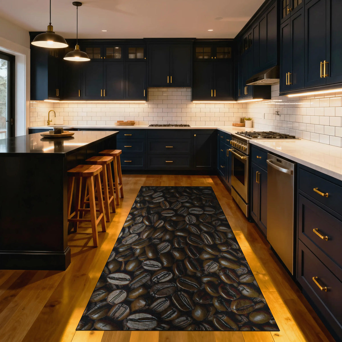 Modern kitchen with dark cabinets, a black coffee bean patterned rug, and wooden stools.
