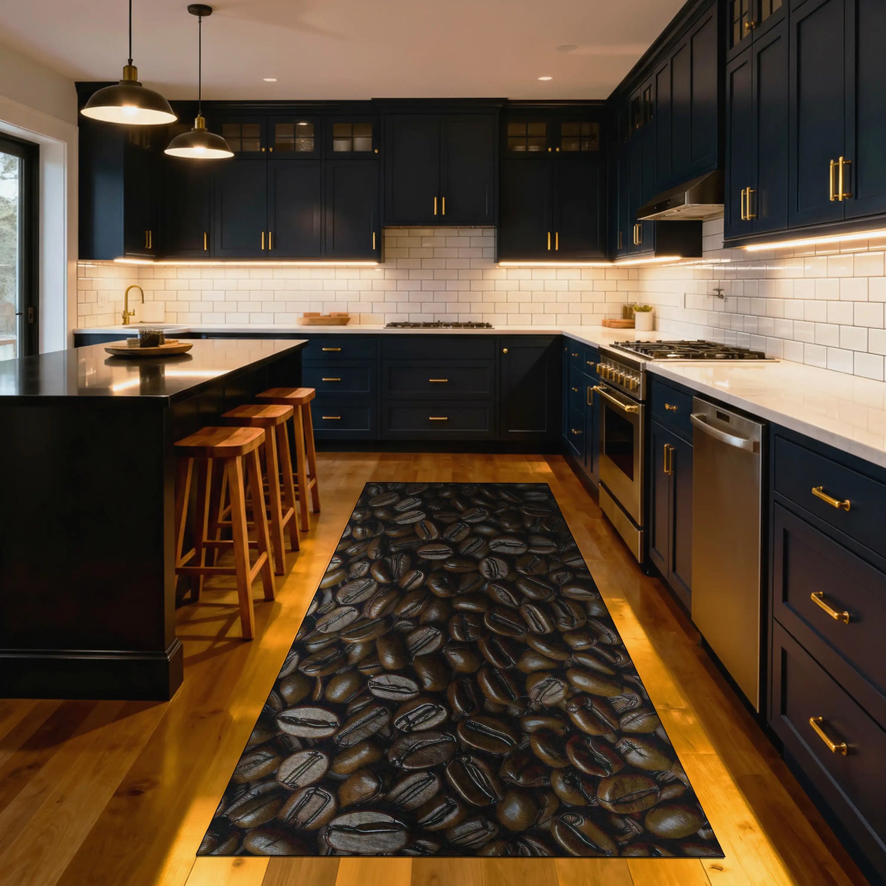 Modern kitchen with dark cabinets, a black coffee bean patterned rug, and wooden stools.