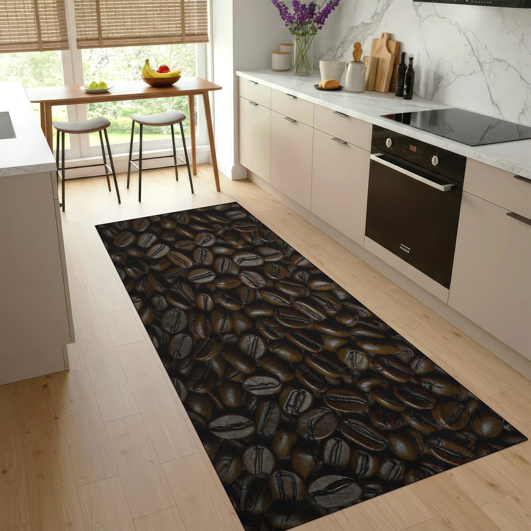 Modern kitchen with brown coffee bean rug on wooden floor