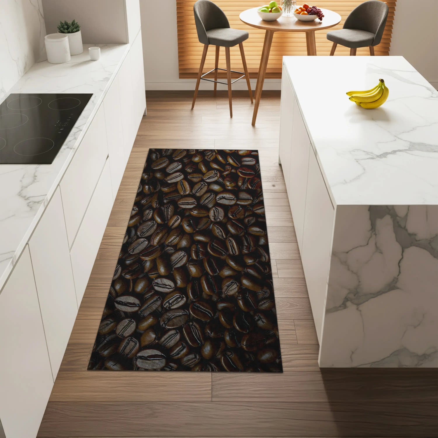 Washable non-slip coffee rug in stylish kitchen interior
