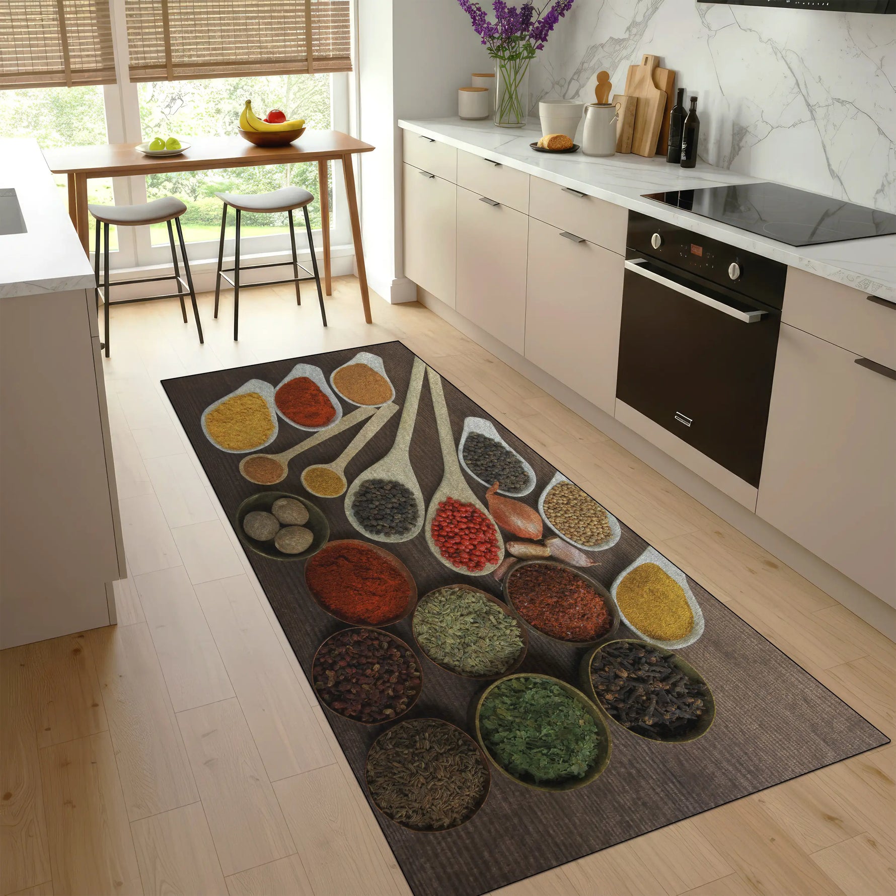 Modern kitchen with spice-pattern rug on wooden floor