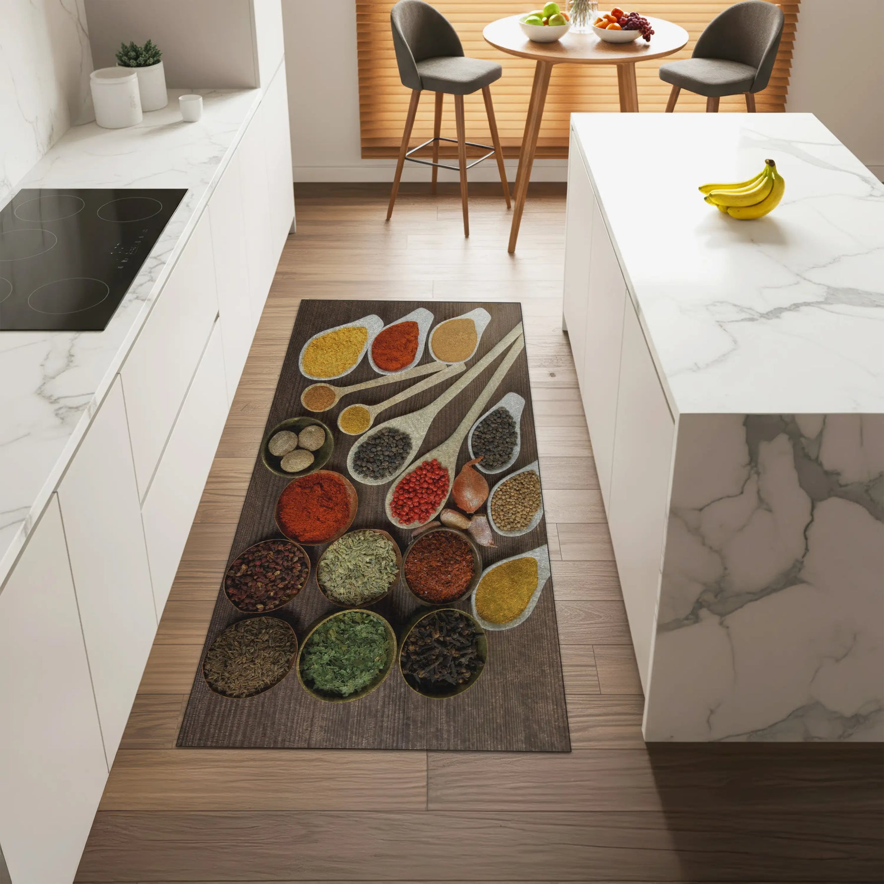 Decorative kitchen rug with spice design on a wooden floor