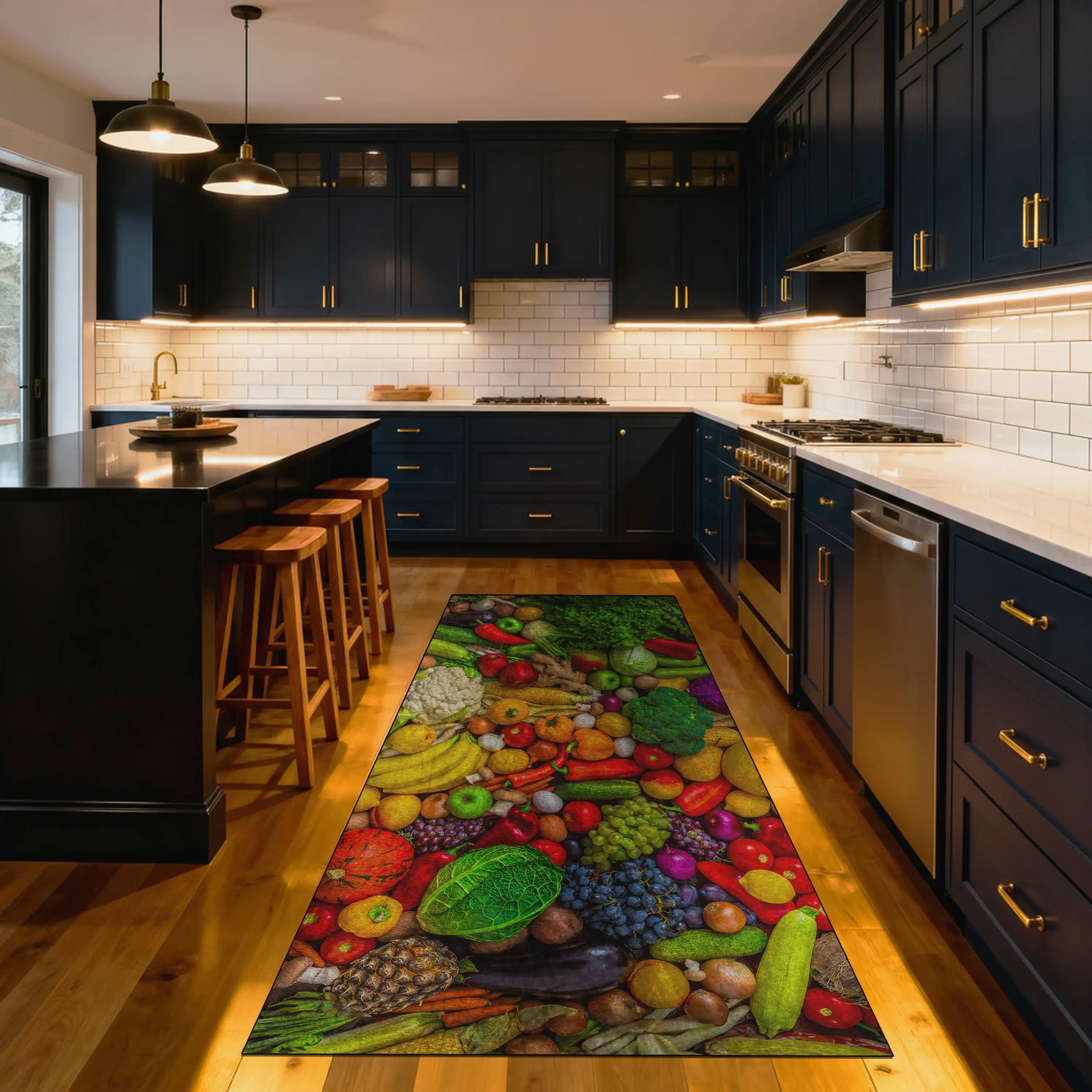 Washable non-slip veggie kitchen rug in bright modern interior