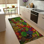 Modern kitchen with colorful fruit and vegetable rug on wooden floor