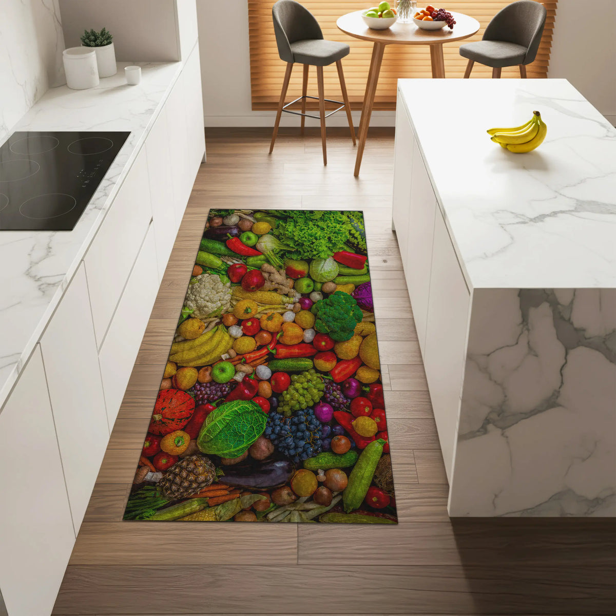 Kitchen with a colorful果蔬地垫 on the floor