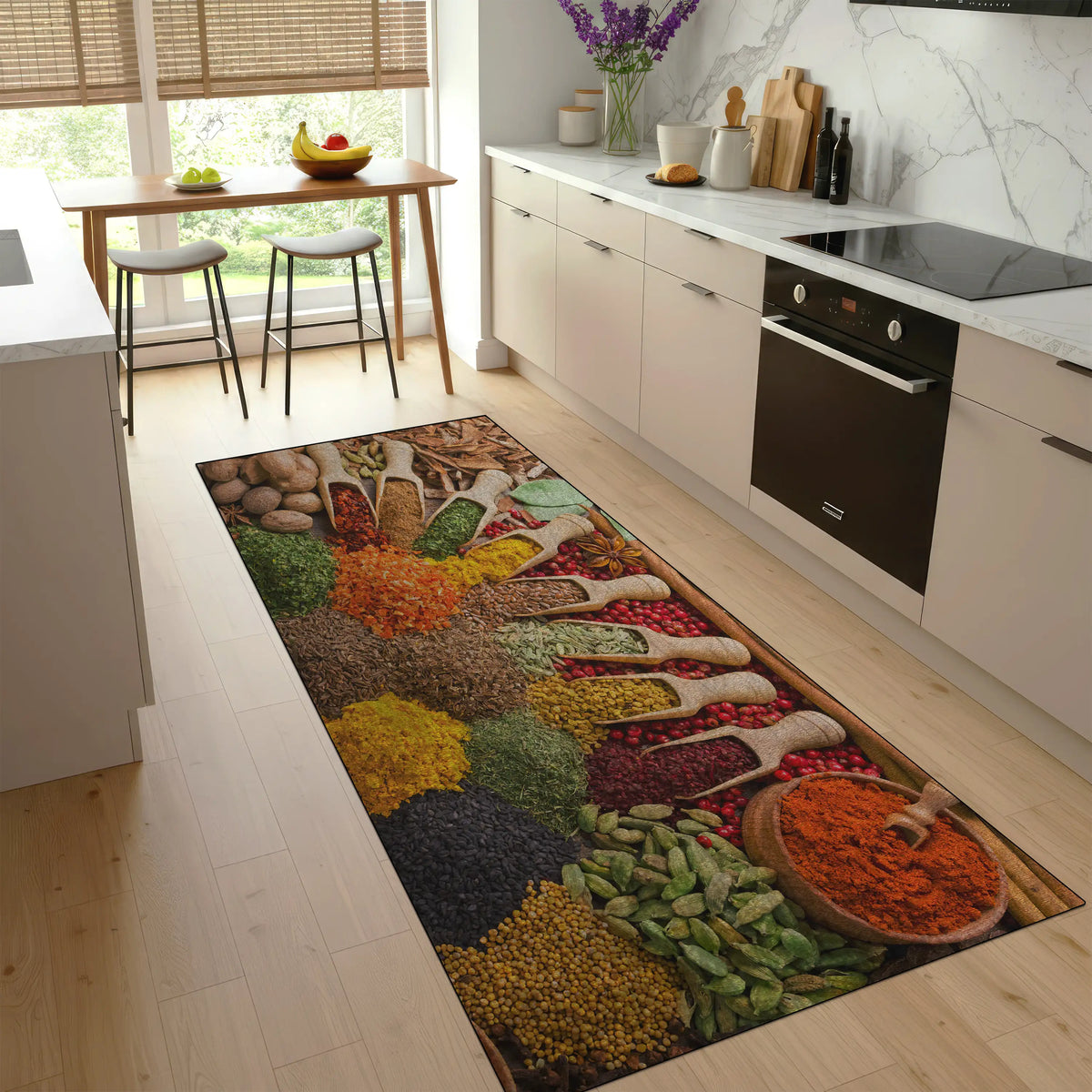 Colorful spice kitchen rug with rustic wooden background