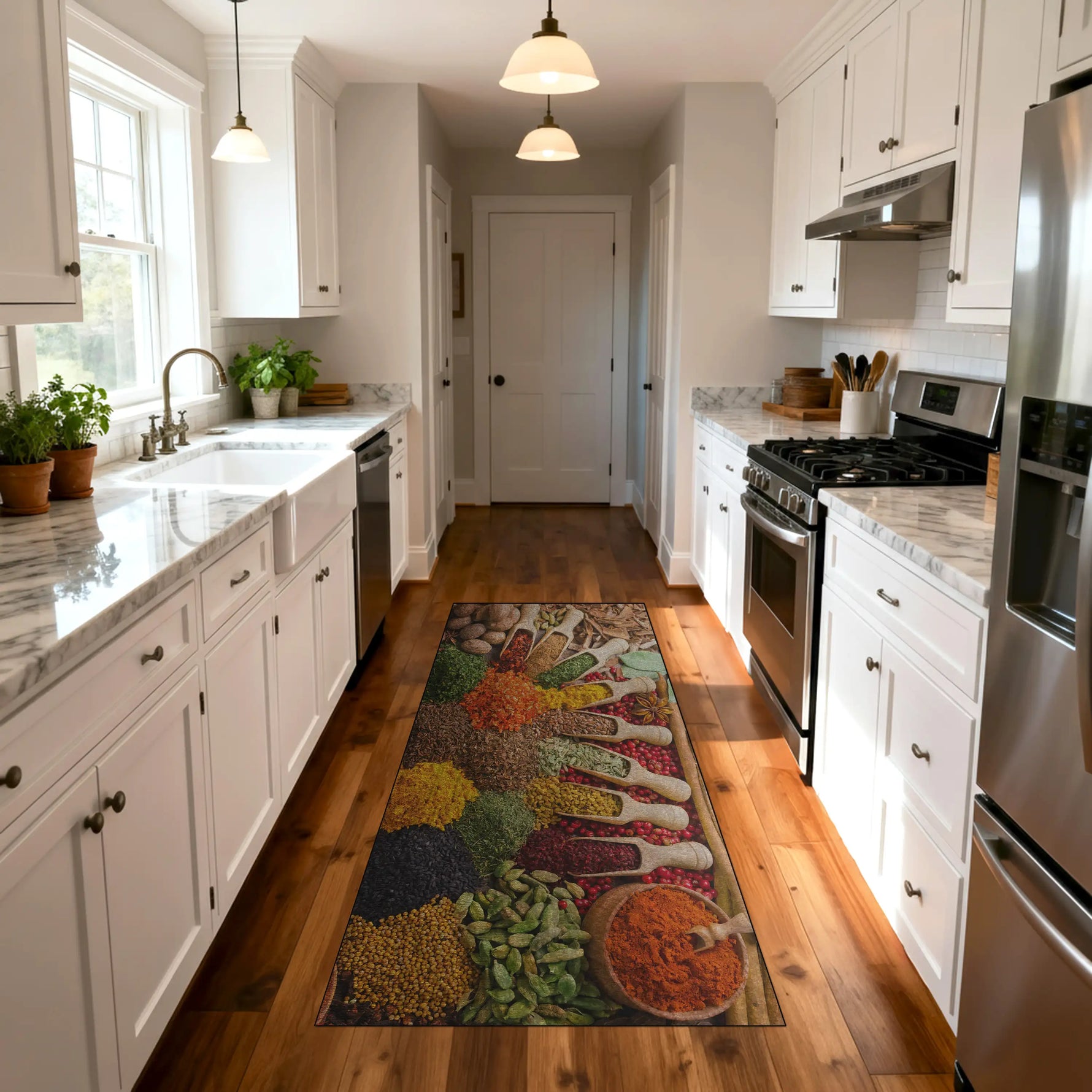 Vibrant kitchen runner rug with colorful herbs and powders