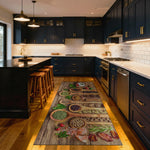 Modern kitchen with dark blue cabinets, white countertops, and a decorative kitchen rug on the floor.