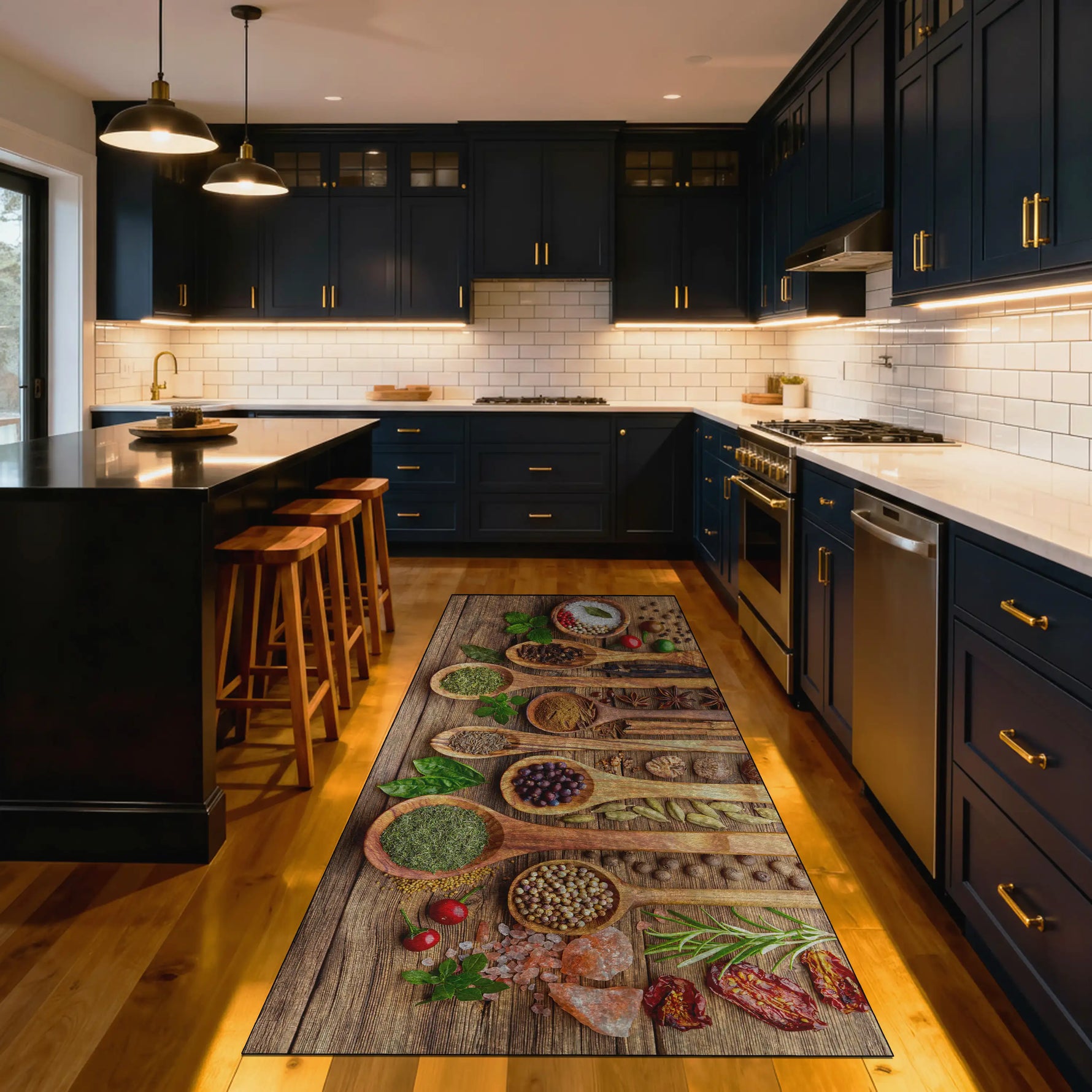 Modern kitchen with dark blue cabinets, white countertops, and a decorative kitchen rug on the floor.