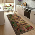 Rustic spice kitchen rug with wooden background and herbs